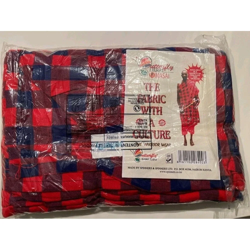 NWT Butterfly Maasai Blanket Shawl Red Blue Plaid 61x79 inch Kenya African Shuka